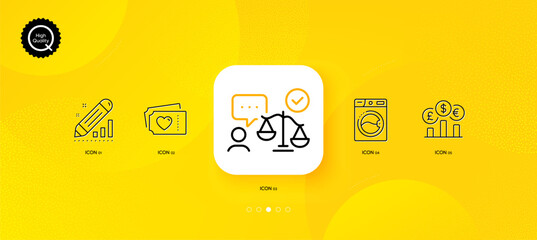 Fototapeta na wymiar Washing machine, Love tickets and Edit statistics minimal line icons. Yellow abstract background. Currency rate, Lawyer icons. For web, application, printing. Vector