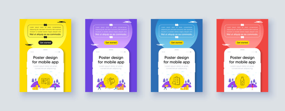 Simple set of Inspect, Inventory cart and Reject book line icons. Poster offer design with phone interface mockup. Include Water bottle icons. For web, application. Vector