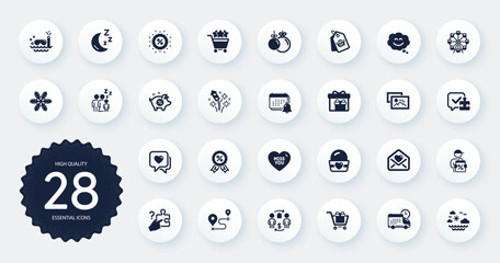 Set of Holidays icons, such as Moon, Fireworks rocket and Love letter flat icons. Sale tag, Christmas ball, Ferris wheel web elements. Snowflake, Discount, Shopping rating signs. Vector