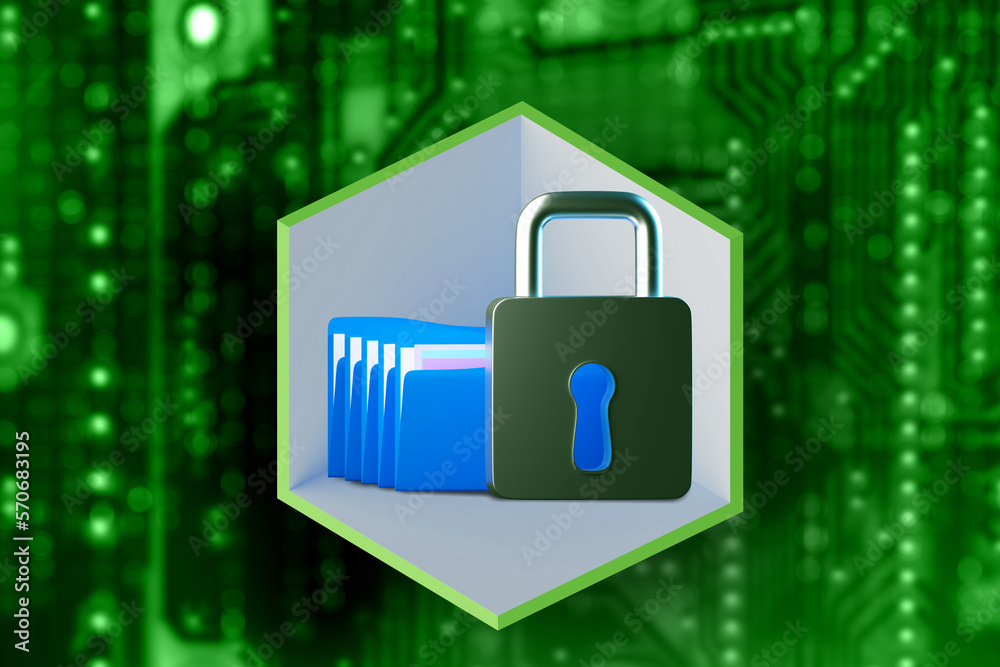 Poster folders for data near padlock. metaphor for protection of digital information. ensuring data storage