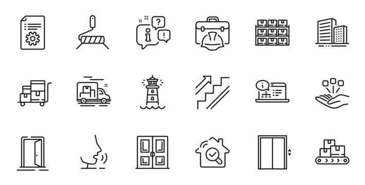 Outline set of Stairs, Inspect and Wholesale goods line icons for web application. Talk, information, delivery truck outline icon. Include Online documentation, Lighthouse, Consolidation icons. Vector