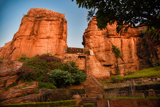 Steps leading up the entrance of Badami fort in Badami in Karnataka, India
