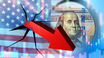 Down arrow breaking American flag. US dollar with declining line chart. Recession in US. Falling...