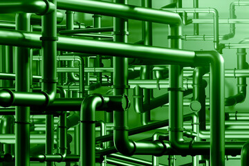 Pipes in boiler room. Basement background with pipeline. Boiler room with green lighting. Tangled pipeline for heating supply. Boiler background for design. Endless tangled steel pipes. 3d rendering.