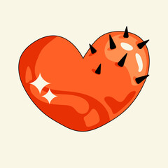 Red shiny heart symbol with thorns. Bright illustration simple style. Minimalist symbol love and passion. Vector flat illustration in retro style