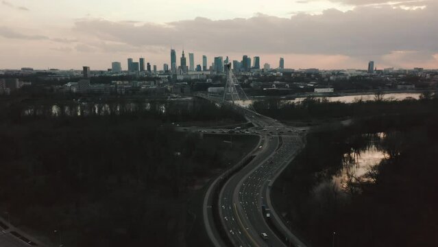 Warsaw, Poland, modern European downtown skyscrapers and river drone cityscape