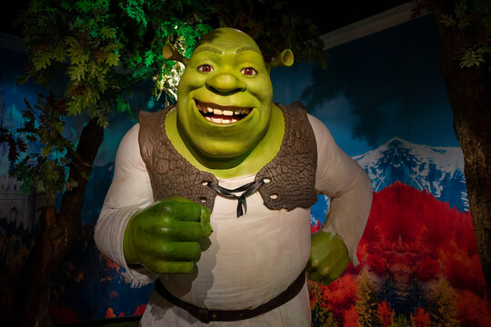 Istanbul, Turkey - February 10, 2023: Wax sculpture of Shrek at Madame Tussauds Istanbul.