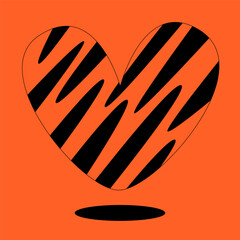 Heart shaped tiger skin pattern. Vector flat illustration in retro style. Striped skin animal. Symbol of passion and love. Nostalgia 1990s