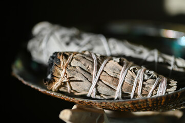 White sage for smudging in burning shell close up