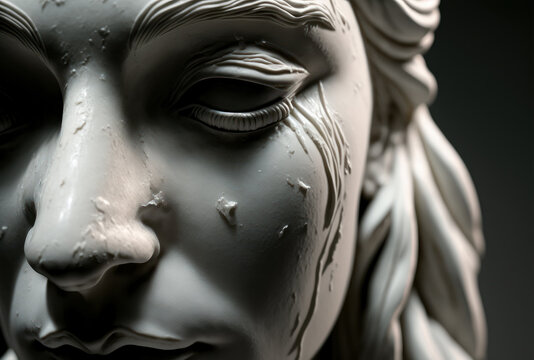 Close-up estatua de mármol, mujer llorando, detalles preciosos, creada con IA generativa