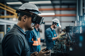 A bustling industrial factory where technology and innovation reign supreme. The workers are equipped with innovative virtual reality headsets and are seen working with augmented reality.Generative AI