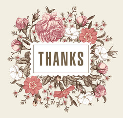 Wedding invitation. Beautiful blooming flowers. Vintage greeting card. Frame. Drawing, engraving. Rose, primroses, primula, croton agrostemma isolated floral. Wallpaper background. Vector Illustration © Наталья Лобенко