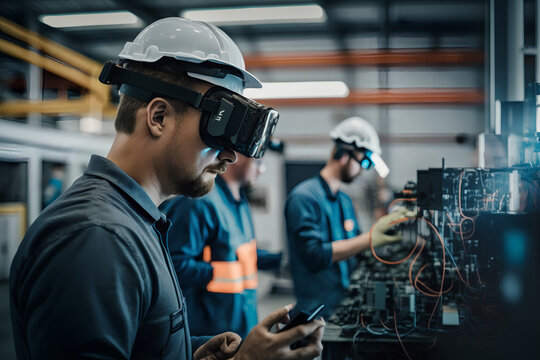A bustling industrial factory where technology and innovation reign supreme. The workers are equipped with innovative virtual reality headsets and are seen working with augmented reality.Generative AI