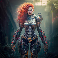 A female fantasy warrior with long red hair,