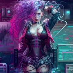 detailed robot woman or humanoid cyber girl with purple hair, artificial intelligence concept. Generative Ai