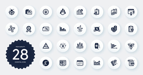 Set of Finance icons, such as Pound money, Money bag and Calendar flat icons. Wallet, Decreasing graph, Deal web elements. Horizontal chart, Pyramid chart, Discount banner signs. Vector