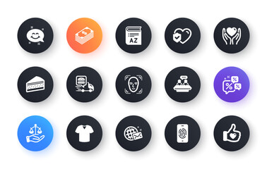 Minimal set of World mail, Food delivery and Life insurance flat icons for web development. Face detection, Employees talk, T-shirt icons. Dollar, Smile chat, Hold heart web elements. Vector