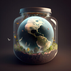 Planet Erde in einem Einmachglas, leuchtend und farbenfroh