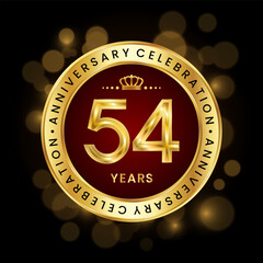 54th Anniversary Celebration. logo design with golden number and ring for birthday celebration event, invitation, greeting card, banner, poster, flyer, brochure, book cover. Logo Vector Template