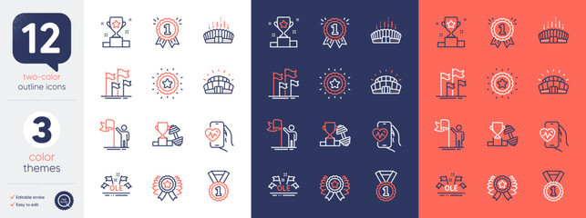 Set of Best rank, Ole chant and Winner cup line icons. Include Arena stadium, Sports stadium, Leadership icons. Reward, Winner ribbon, Flags web elements. Dumbbell, Cardio training. Vector