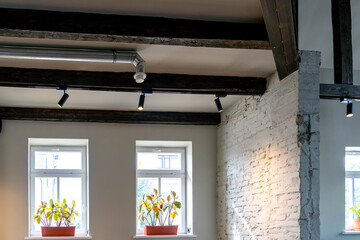 Interior design in a cafe. Large spacious windows and flowers on the windowsill. Designer ceilings, decorative wooden beams and a brick wall in the coffee shop. Ventilation pipe along the ceiling.