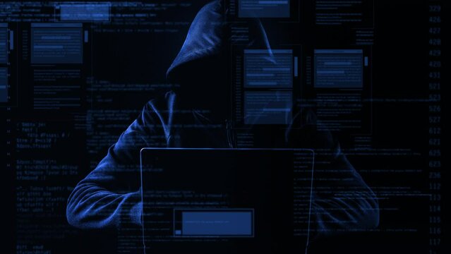 Hacking and technology crime concept. No face hacker with laptop with abstract programming code elements.