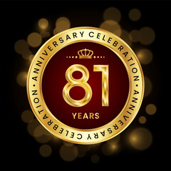 81th Anniversary Celebration. logo design with golden number and ring for birthday celebration event, invitation, greeting card, banner, poster, flyer, brochure, book cover. Logo Vector Template