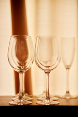 A row of empty champagne glasses. empty glasses for champagne and wine. soft focus
