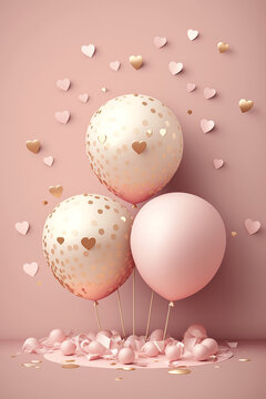 Pink balloons and gold hearts' confetti on a soft pastel pink background. Generative AI