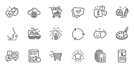 Outline set of Engineering, Internet report and Smile line icons for web application. Talk, information, delivery truck outline icon. Include Delivery shopping, Palette, Star icons. Vector