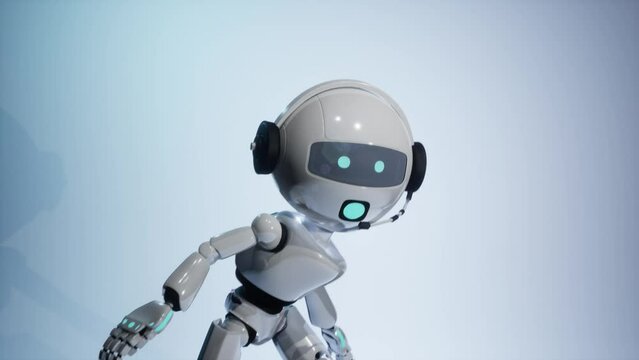 3d chatbot dancing cinematic animation from closeup to wide screen and white background. A.i. Robot in movement video effect