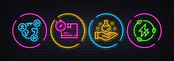 Video conference, Cardboard box and Chemistry lab minimal line icons. Neon laser 3d lights. Green electricity icons. For web, application, printing. Vector