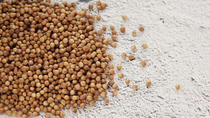 A handful of coriander coriander seeds on the table. copy space