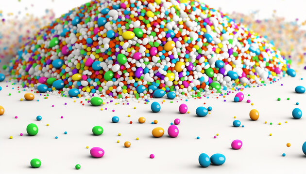 Pile of colorful sprinkles on white background. Perfect for use in pastry, baking, or dessert-themed concepts. Adds a pop of color to any design. Made with generative AI.