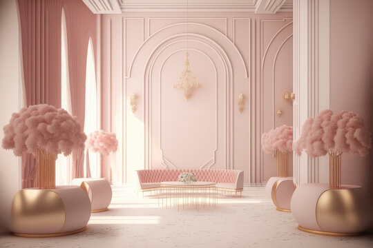 Modern Living Room Interior Design Decorated In Luxurious All Pink Color Monochrome. Peculiar AI Generative Image.