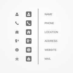Business Card Icon Set. Vector minimal symbols,Icons Set for Business Card (Name, Location, Website, Telephone, and E-Mail)