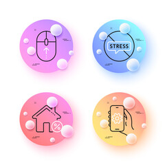 Stop stress, Swipe up and App settings minimal line icons. 3d spheres or balls buttons. Loan house icons. For web, application, printing. Mental anxiety, Scrolling page, Smartphone service. Vector