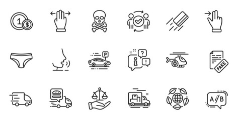 Outline set of Truck delivery, Panties and Touchscreen gesture line icons for web application. Talk, information, delivery truck outline icon. Vector