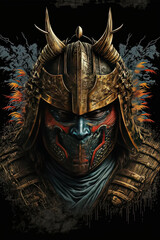 Fantasy Samurai mask with a black background  - obrazy, fototapety, plakaty