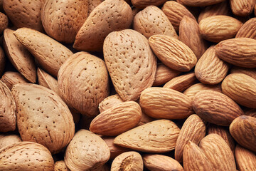 Close up picture of almonds, food background, selective focus.