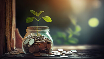 Tree plumule leaf on save money coins, Business finance saving banking investment concept. Generative AI