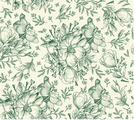 Seamless pattern. Dogrose Rosehip Wild rose. Beautiful fabric blooming realistic isolated flowers. Vintage background. Wallpaper baroque retro. Drawing engraving sketch. Vector victorian Illustration 