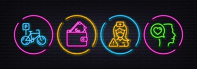 Wallet, Bicycle parking and Nurse minimal line icons. Neon laser 3d lights. Romantic talk icons. For web, application, printing. Usd cash, Bike park, Medical mask. Love chat. Vector
