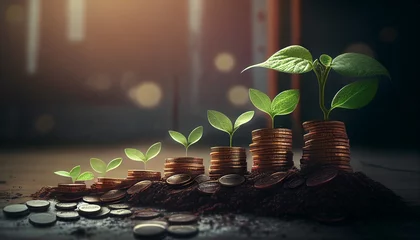 Fotobehang a row of stacks of coins with a plant growing out of them. Tree leaf on save money coins, Business finance saving banking investment concept. Generative AI © Black Rock