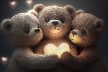 Three teddy bears embrace and hold a glowing heart