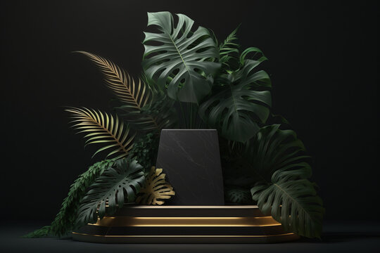 Product display podium for natural product. Empty scene with tropical leaves. Generative ai