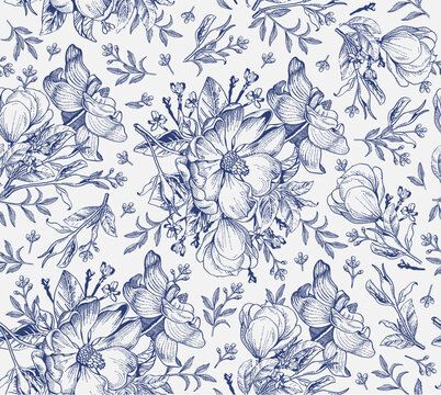 Seamless pattern. Dogrose Rosehip Wild rose. Beautiful fabric blooming realistic isolated flowers. Vintage background. Wallpaper baroque retro. Drawing engraving sketch. Vector victorian Illustration © Наталья Лобенко