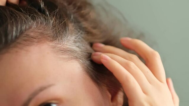 female touching her hair looking at early gray hair. Parting of dark brown women's hair with grey roots. close up