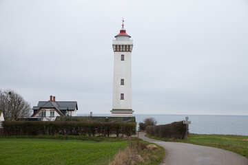 The beautiful white lighthouse at Helnæs in Denmark