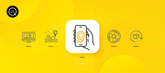 Fototapeta na wymiar Roller coaster, Return package and Online video minimal line icons. Yellow abstract background. Air fan, Award app icons. For web, application, printing. Vector